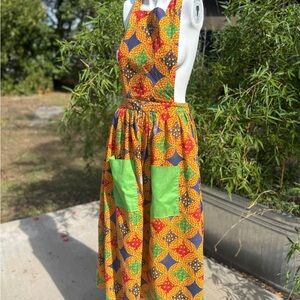 Vintage Colorful Patchwork Apron Dress with Green Pockets
